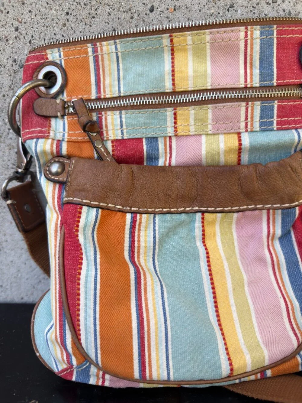 FOSSIL COLORFUL STRIPED CANVAS CROSSBODY SHOULDER BAG PURSE LEATHER TRIM